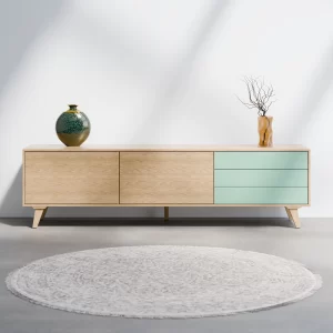 מזנון עץ לסלון בעיצוב סקנדינבי עם פורניר אלון ומגירות צבעוניות – דגם Lind